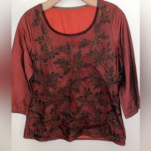 Coldwater Creek metallic brocade shirt, burnt orange, size M